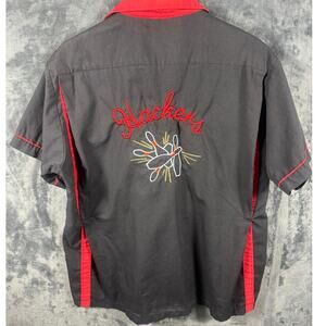 VTG 90s Casual Button Down Embroidered “Hackers” Bowling Shirt USA XL BLK/RED